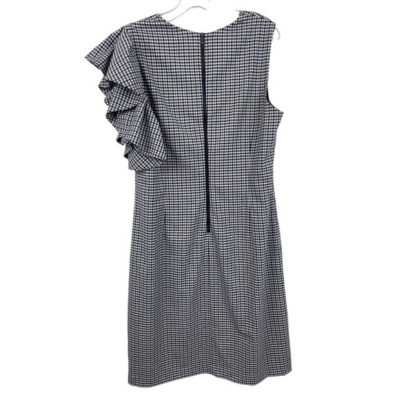 Banana Republic Sheath Dress Womens 14 Blue Brown Plaid Single Ruffle Shoulder - Picture 2 of 10
